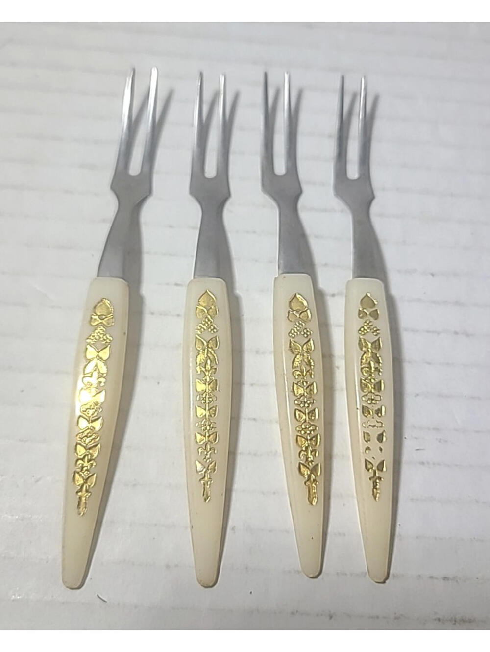 Vintage 4" Cocktail Forks Stainless Celluloid Handles & Inlay Foil Japan 4 pcs
